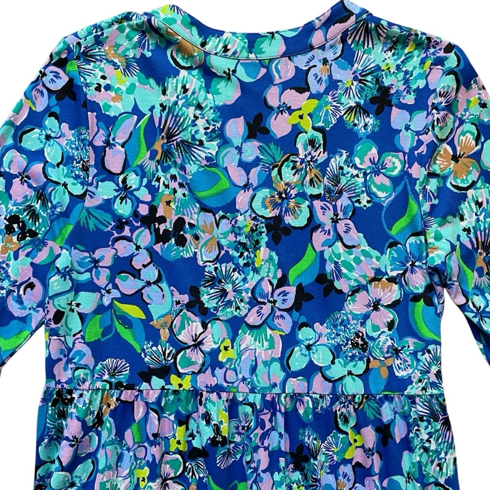 đź’™Lilly Pulitzer Alaina 3/4 Sleeve Tiered Swing Dress Blue Grotto Twilight Tropic - Picture 10 of 15
